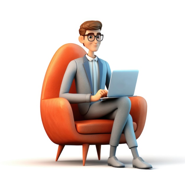 Ilustracja 3D biznesmena z laptopem biznesmena pracującego w biurze Postać kreskówkowa 3D