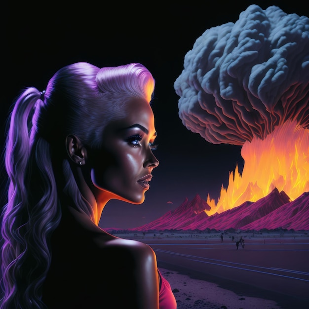 Ilustracja 3D blondynki przed wulkanem