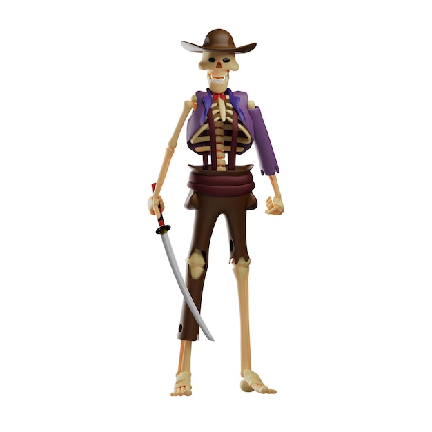 Ilustracja 3D Charyzmatyczny Cartoon Cowboy Skull 3D wyglądający przystojny z mieczem w pozycji stojącej