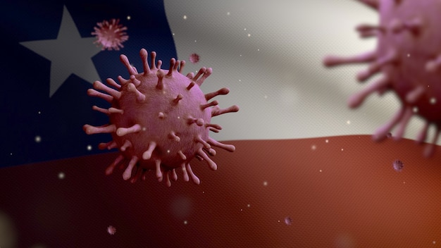 Ilustracja 3D Chilijska flaga macha i koncepcja nCov koronawirusa 2019. Azjatycka epidemia w Chile, koronawirusy grypy jako niebezpieczne przypadki szczepu grypy jako pandemia. Wirus Covid19 mikroskopu z bliska.