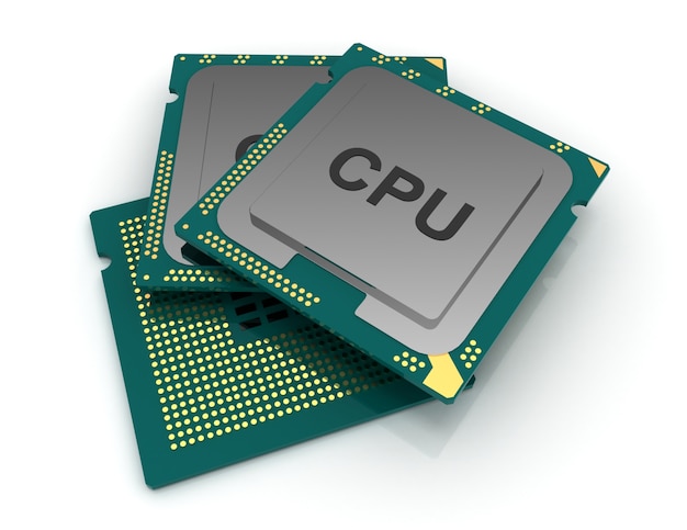 Ilustracja 3d Chip Cpu, Jednostka Centralna Procesora Na Białym Tle.