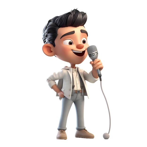Ilustracja 3D chłopca śpiewającego na białym tle izolowanym od mikrofonu