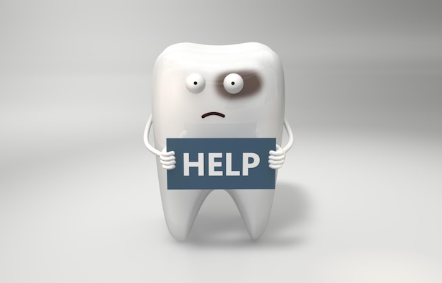 Ilustracja 3D Chory ząb jest zaniepokojony i trzyma znak pomocy