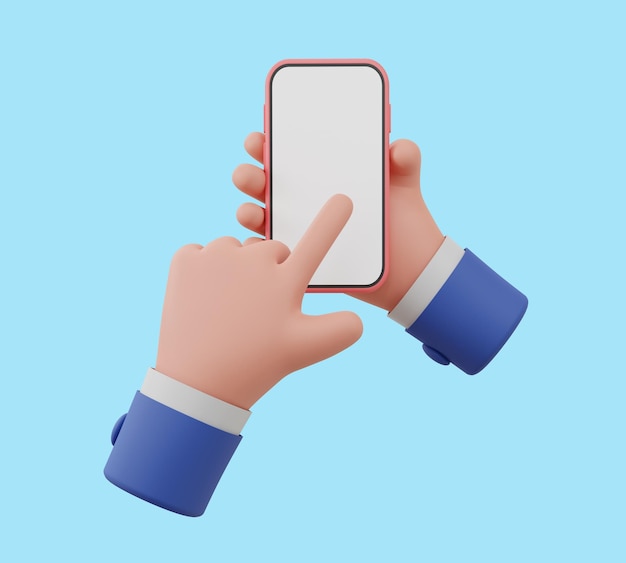 Ilustracja 3D Dłoń trzymaj inteligentny telefon z pustym ekranem na niebieskim tle