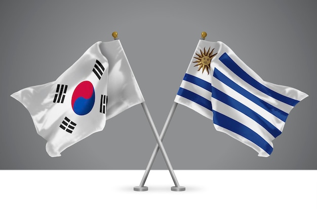 Ilustracja 3D dwóch skrzyżowanych flag Korei Południowej i Urugwaju