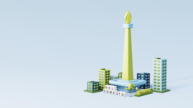 Ilustracja 3D Dżakarta tło miasta z Monas jako punkt orientacyjny w kolorze niebieskim i zielonym