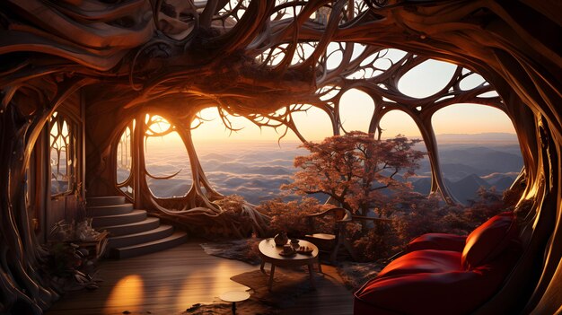 Ilustracja 3D fantastycznego krajobrazu domku na drzewie z jeziorem w tle