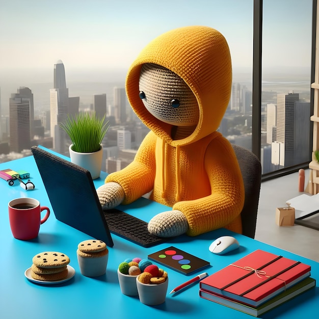 Ilustracja 3D figurki pracownika z kroczkami pracujące przed komputerem w biurze