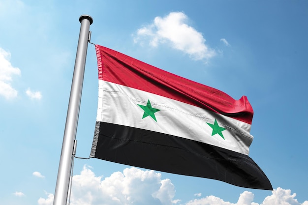Ilustracja 3D Flaga Syrii machająca na wietrze na tle błękitnego nieba z chmurami