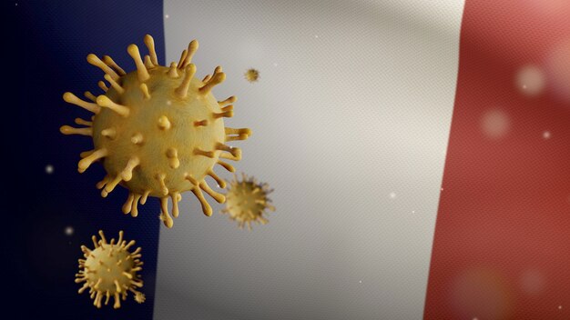 Ilustracja 3D Francuska flaga macha z epidemią koronawirusa infekującego układ oddechowy jako niebezpieczna grypa. Wirus grypy typu Covid 19 z narodowym banerem Francji dmuchanie w tle. Ryzyko pandemii