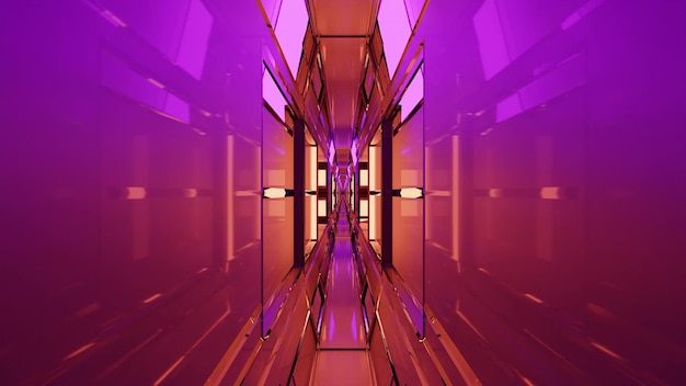 Ilustracja 3D geometrycznego korytarza 4K UHD z neonowymi światłami