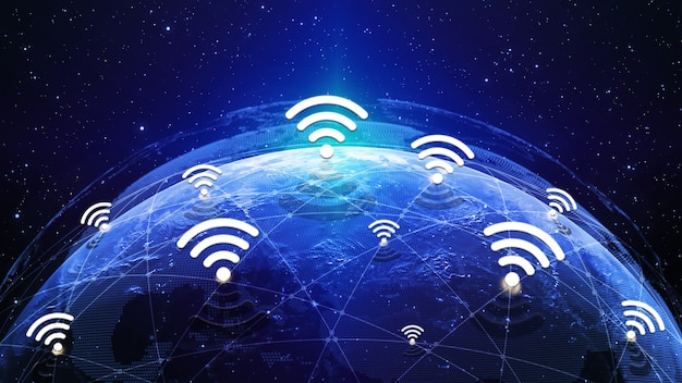 Ilustracja 3D globalna nowoczesna kreatywna komunikacja i mapa sieci internetowej