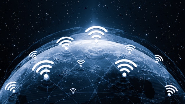 Ilustracja 3D globalna nowoczesna kreatywna komunikacja i mapa sieci internetowej