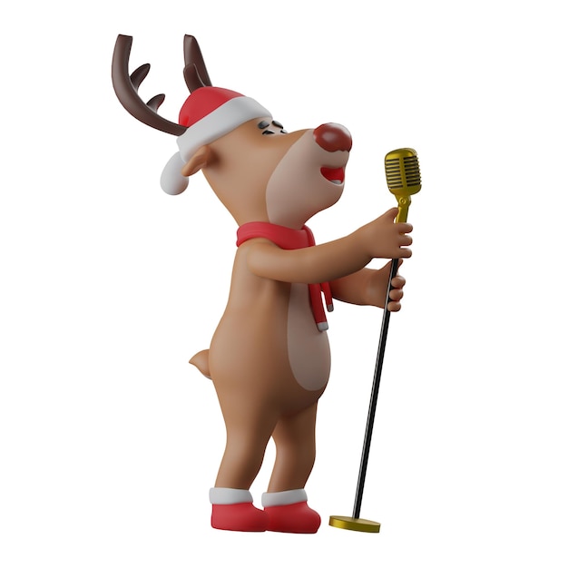 Ilustracja 3D Ilustracja kreskówek postaci 3D Renifer bożonarodzeniowy rozmawia przez mikrofon