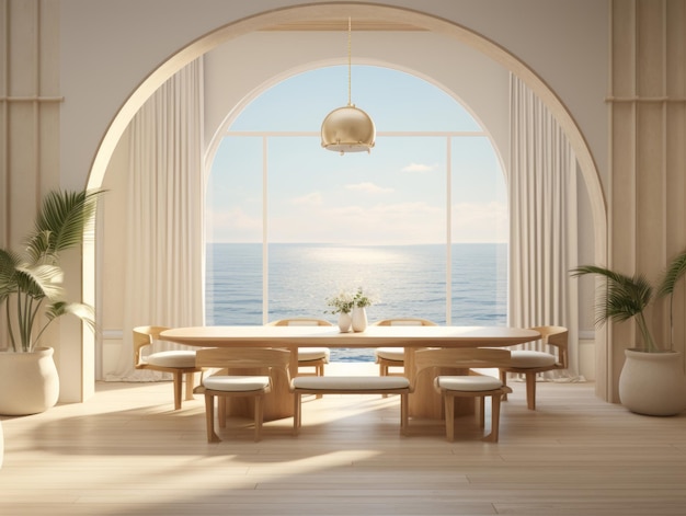 Ilustracja 3D jadalni z nadmiernie dużymi oknami z widokiem na ocean