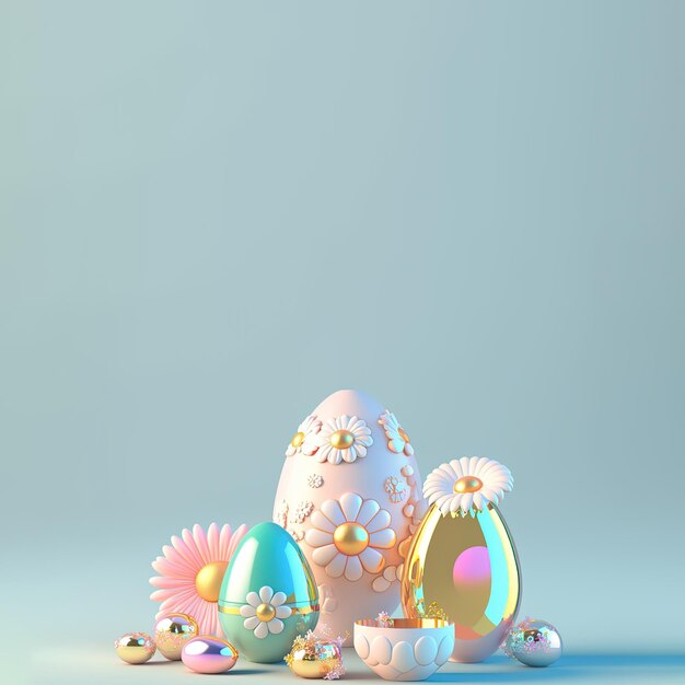 Ilustracja 3D jaj i kwiatów na tło świąteczne Wielkanocy