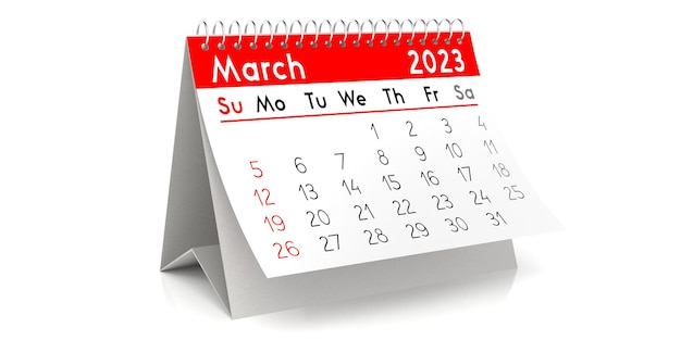 Ilustracja 3D kalendarza stołowego marca 2023 r