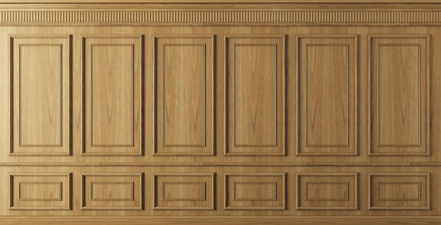 Zdjęcie ilustracja 3d. klasyczna ściana z brązowymi panelami z drewna bukowego. stolarka we wnętrzu. tło.