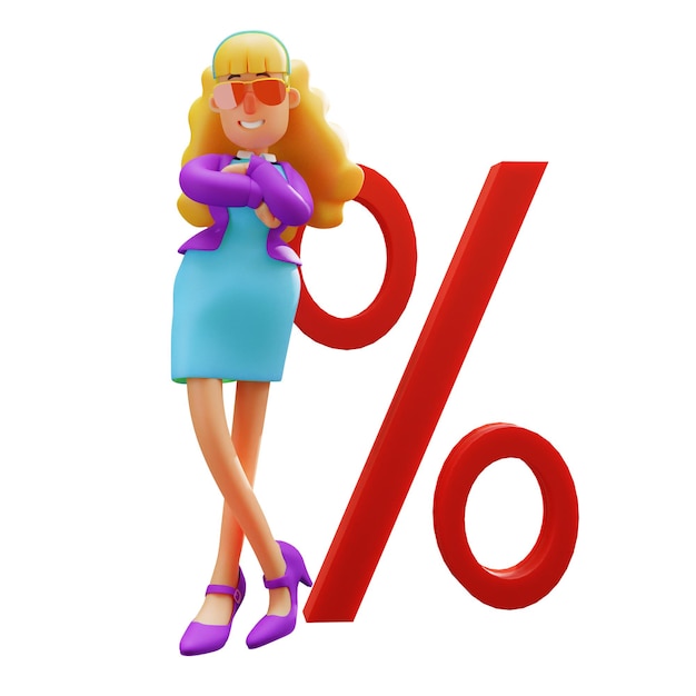 Zdjęcie ilustracja 3d kobieta biznesu cartoon 3d stojąca przed symbolem procent stylowy z chłodnym
