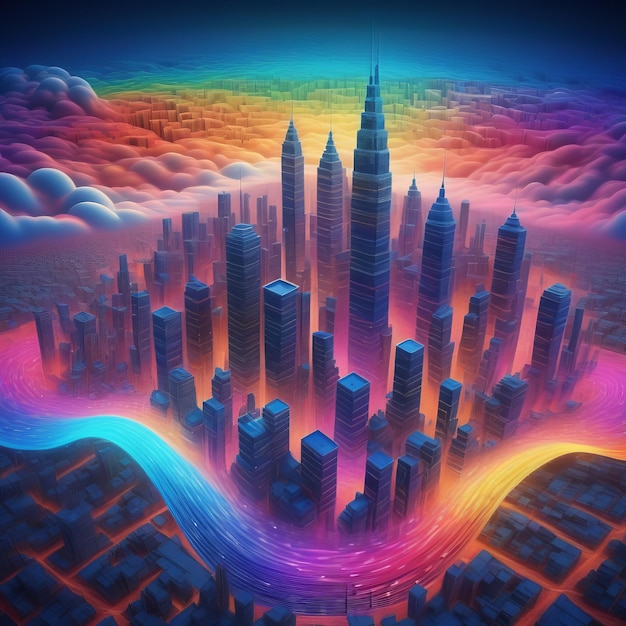 Ilustracja 3D kolorowego obcego miasta z pięknym krajobrazem