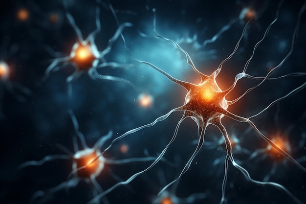Zdjęcie ilustracja 3d komórek neuronowych z impulsami światła na ciemnym tle