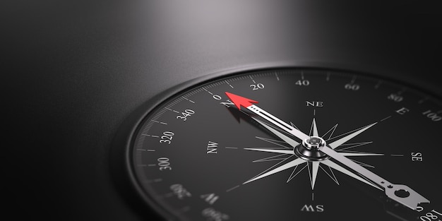 Zdjęcie ilustracja 3d kompasu na czarnym tle z igłą skierowaną w kierunku północnym, wolne miejsce po lewej stronie obrazu. koncepcja orientacji biznesowej.