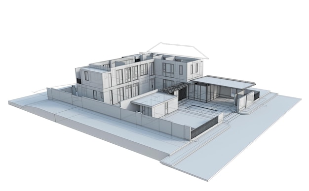 Ilustracja 3D koncepcji projektowania budynku, wizualizacja generowana komputerowo przez architektów