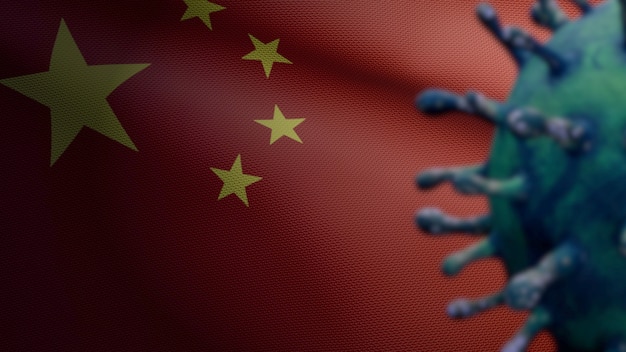 Zdjęcie ilustracja 3d koronawirus grypy unoszący się nad chińską flagą, patogen atakuje drogi oddechowe. chiny transparent macha pandemii koncepcji zakażenia wirusem covid19. zbliżenie na prawdziwy chorąży tekstury tkaniny