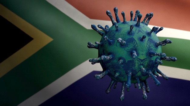 Ilustracja 3D Koronawirus grypy unoszący się nad flagą Afryki RSA. Republika Południowej Afryki transparent macha z pandemią koncepcji zakażenia wirusem Covid19. Prawdziwy chorąży tekstury tkaniny
