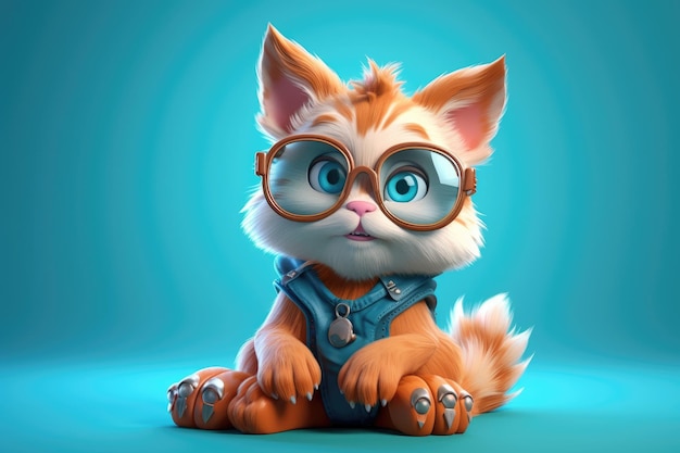 Ilustracja 3D ładny kot w okularach w dziecięcym stylu postaci z kreskówek Generative AI