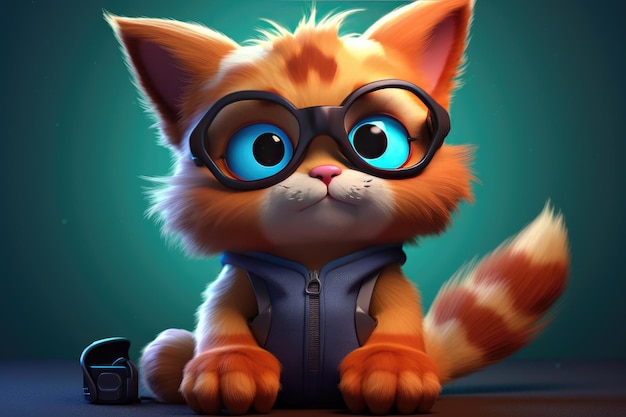 Ilustracja 3D ładny kot w okularach w dziecięcym stylu postaci z kreskówek Generative AI