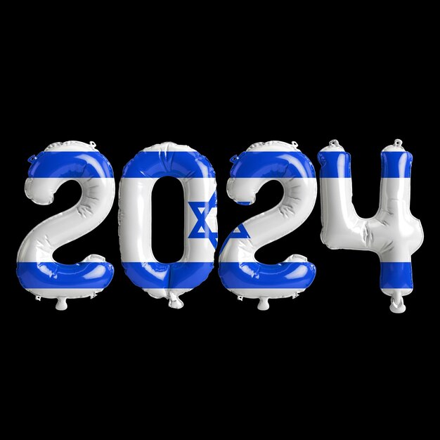 Zdjęcie ilustracja 3d listu o nowym roku 2024 z balonami na kolorowej fladze izraela