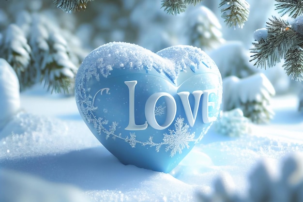 Ilustracja 3D lodowego serca z miłością i choinką w zimowej krainie czarów Idealne na Walentynki lub Boże Narodzenie