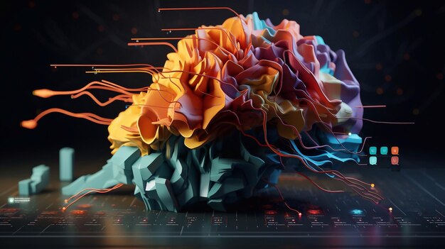 ilustracja 3D ludzkiego mózgu w abstrakcyjnym tle z wykresem okrągłym i wykresami słupkowymi Generatywna sztuczna inteligencja