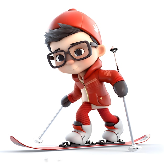 Ilustracja 3D małego chłopca narciarza na białym tle