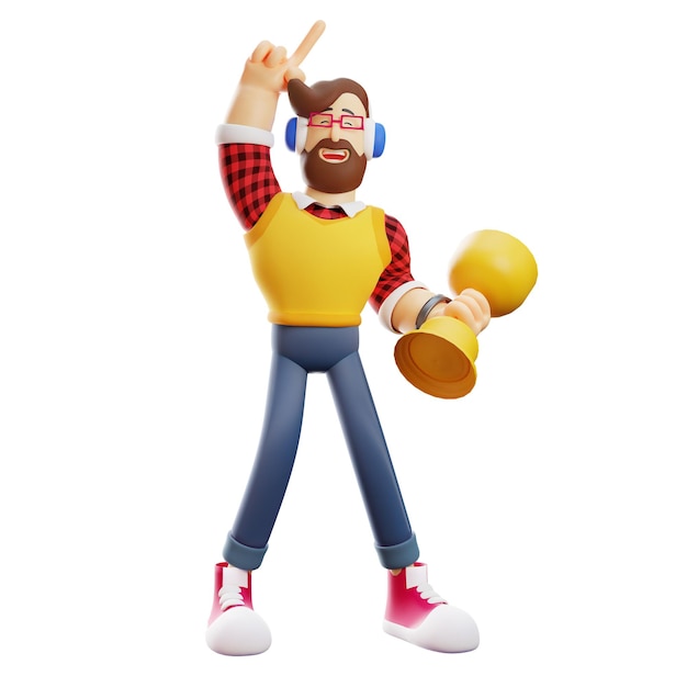 Ilustracja 3D Mężczyzna Cartoon 3D trzymający żółte trofeum wesoło podniósł kubek nad głową