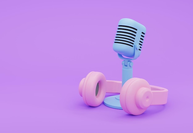 Ilustracja 3D, mikrofon retro i słuchawki na fioletowym tle