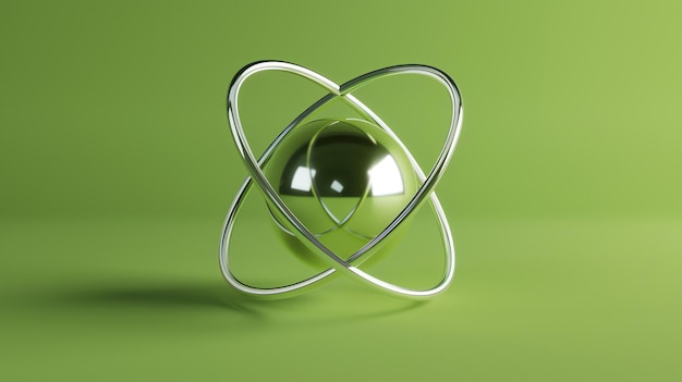 Zdjęcie ilustracja 3d modelu atomu srebra na zielonym tle atom ma błyszczącą powierzchnię i jest otoczony dwoma pierścieniami