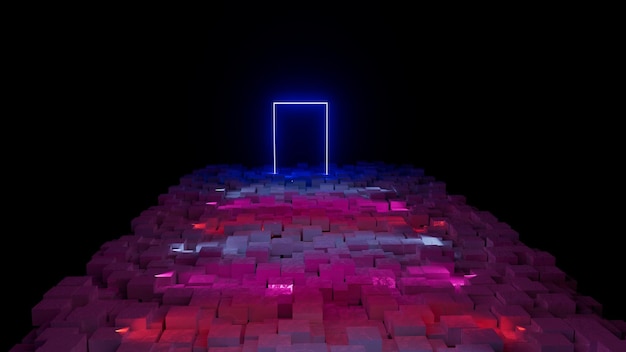Ilustracja 3d niebieski kwadrat neonowy portal na abstrakcyjnym tle kostki
