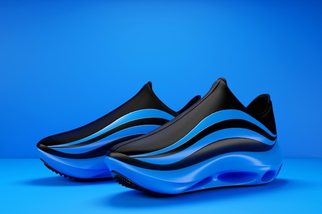 ilustracja 3d niebieskie i czarne nowe sportowe trampki na ogromnej piankowej podeszwie na niebieskim tle na białym tle trampki w brzydkim stylu Modne trampki