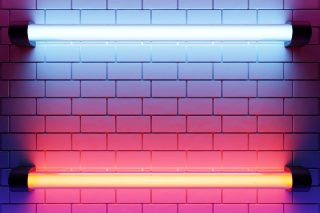 Ilustracja 3D nowej ściany z cegły i oświetlonej przez neonowe niebieskie i pomarańczowe światła