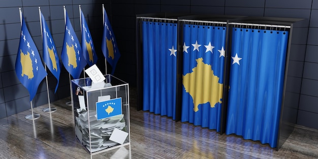 Ilustracja 3D o kabinach wyborczych i urnach wyborczych w Kosowie