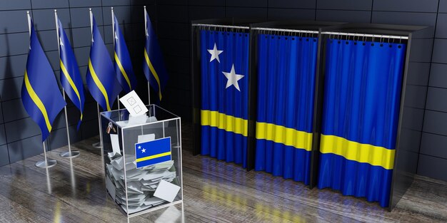 Ilustracja 3D o kabinach wyborczych i urnie wyborczej w Curacao