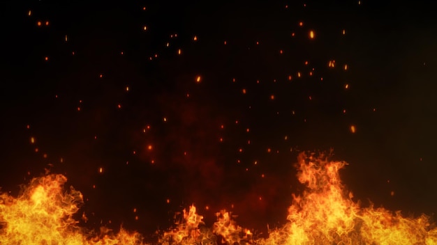 Ilustracja 3D ogień i spalanie żaru świecące cząstki ognia świecące na czarnym tle