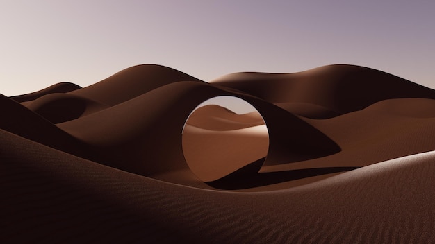 Ilustracja 3d Okrągłe lustro w wydmach piaszczystych przy zachodzie słońca