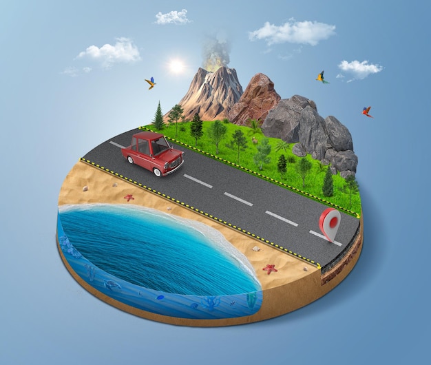 Ilustracja 3D okrągłego izometrycznego raju z odizolowaną drogą i samochodem z odizolowaną ikoną lokalizacji.