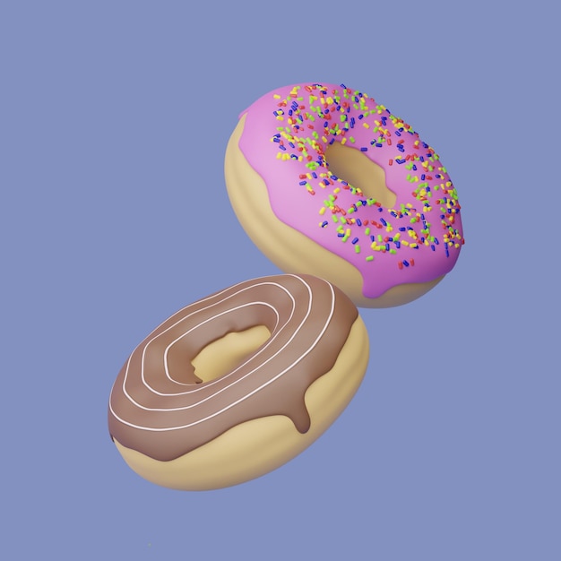 Ilustracja 3D pączka na niebieskim tle Pączki z polewą różową i czekoladową oraz kolorową posypką