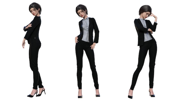 Ilustracja 3d Piękna kobieta biznesowa stojąca w różnych pozycjach w urzędowym stroju formalnym z ścieżką wycinania