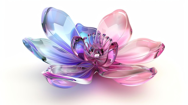Zdjęcie ilustracja 3d pięknego kwiatu wykonanego ze szkła z różowymi i niebieskimi płatkami z gradientem izolowany na białym tle