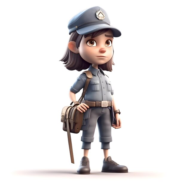 Ilustracja 3D policjantki z plecakiem i czapką